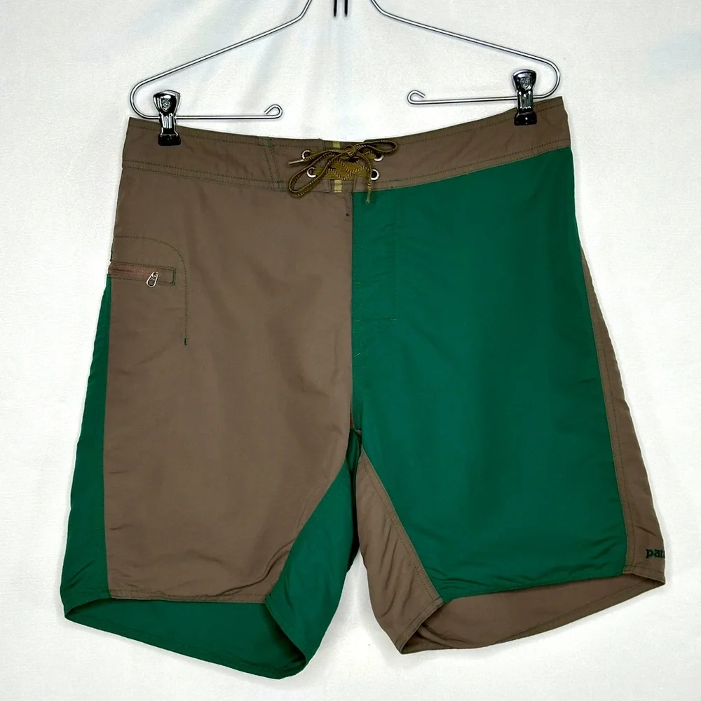 Patagonia Colorblock Green Brown Board Shorts Nylon Lace Side Zip Pocket Sz 32‎